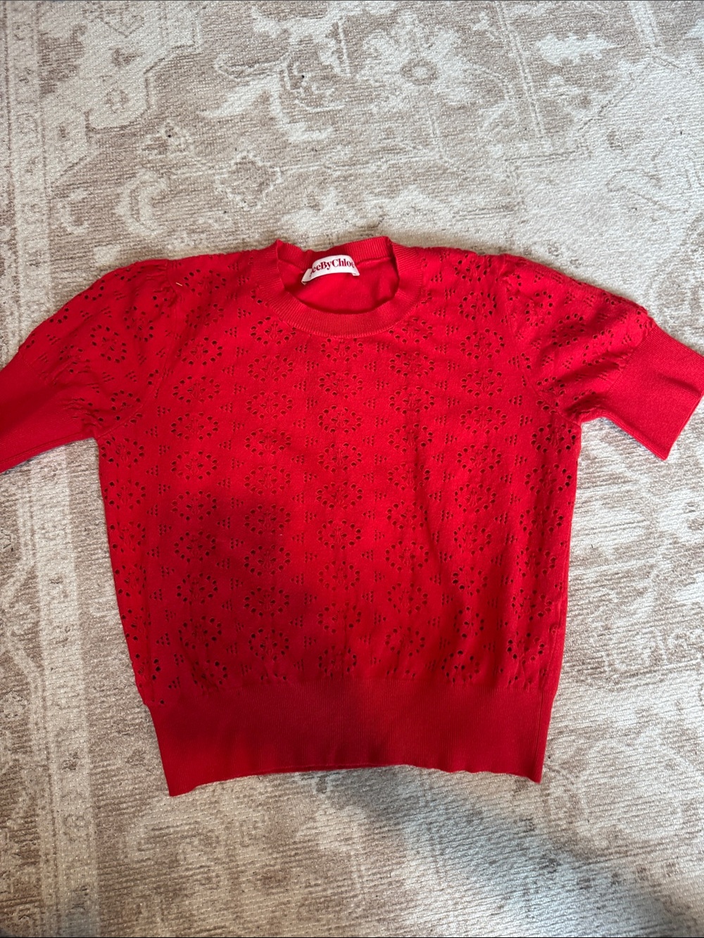 See By Chloe Vintage Red Eyelet Knit Crewneck Top
